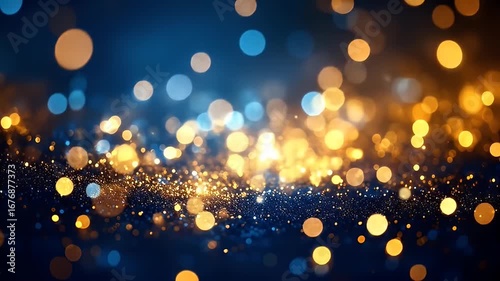 Blurred abstract backdrop of golden and blue bokeh lights against a dark blue background