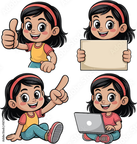 Cartoon girl in four poses with thumbs up sign board laptop and pointing finger child young