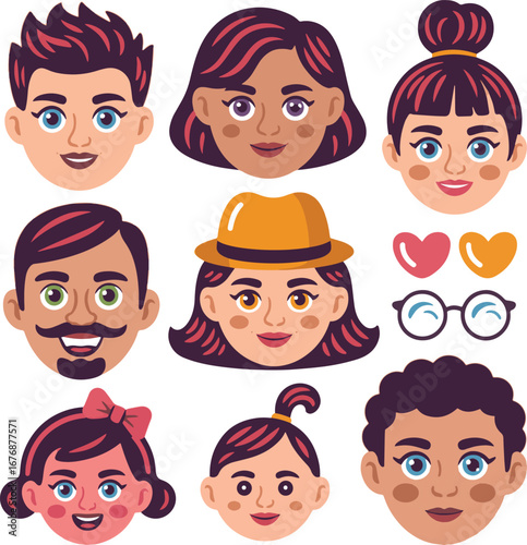 Collection of Diverse Cartoon People Faces with Different Hair Colors and Styles illustration