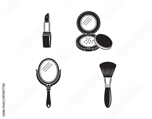 Cosmetics and makeup. A vector collection of beauty-themed black icons. Lipstick, powder, mirror, and face brush.