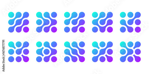 Atom dots connected in molecule structure pattern. Abstract circle shapes, collagen liquid drops. Medical tech metaball cells. Wavy merge fluid arrow, laboratory symbol. Dividing blob circuit cross