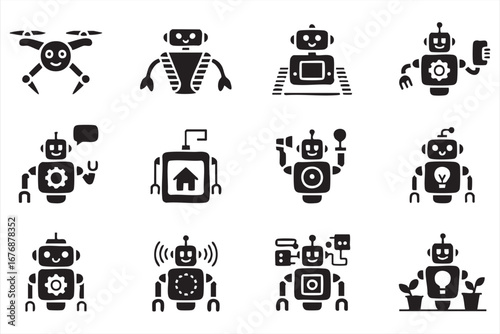 Automation technology robot icons black vector design