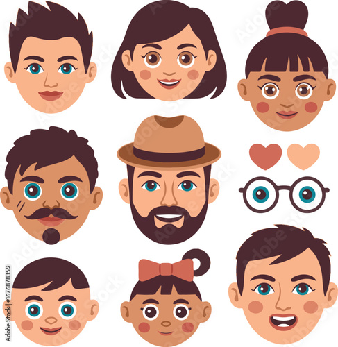 Diverse Group of Cartoon People Faces with Various Hairstyles and Expressions illustration