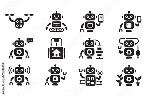Black silhouette robot icons set for digital innovation