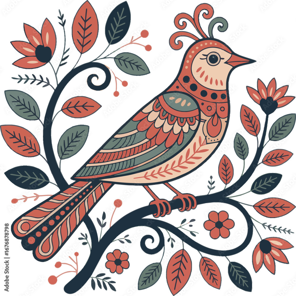 Obraz premium Folk Art Bird Perched on a Branch with Flowers and Leaves illustration nature