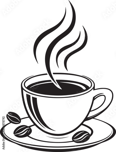 Coffee Cup Vector Illustration – Hot Drink with Steam, Coffee Beans and Saucer – Black and White Line Art Design
