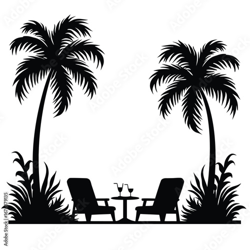 Two black silhouette lounge chairs with drinks between palm trees