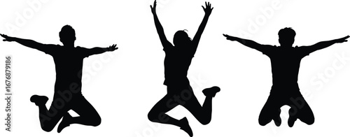Silhouette of three people jumping in air, energetic pose, freedom, joy, motion, active lifestyle, dynamic human movement illustration