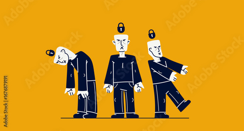 Social zombies vector concept, matrix and mind control, psychological dictatorship and totalitarian society and state, tyranny and restrictions, killing individuality.
