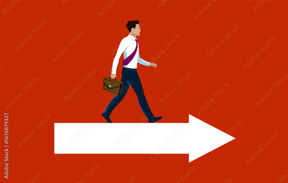 Obraz premium Business man going ahead to his goal with shown direction, vector illustration of a young man business dressed walking straight towards to his aim with hint, career concept.