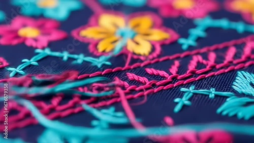 Embroidered flowers are being stitched on blue cloth using pink and aqua threads