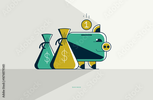 Savings concept poster, vector icon style illustration of a piggy bank with money bag, home moneybox savings, economize and save metaphor, moneybag with piggybank.