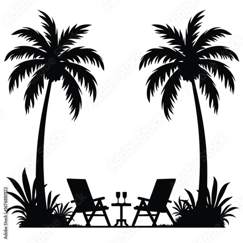 Two black silhouette lounge chairs with glasses on a table between palm trees 1