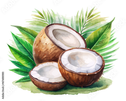 Watercolor tropical coconut fruits