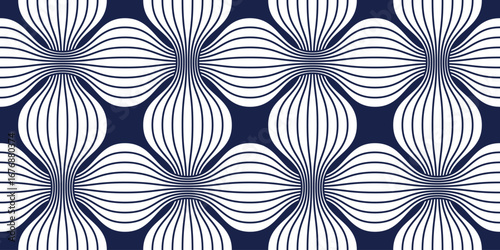 Linear geometric flowers seamless pattern, vector tiling abstract background of optical art lines curvy shapes look like flowers, elegant endless wallpaper.