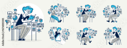 Education in university or collage, student is doing homework or preparing for exam, vector outline illustration set, study sciences and graduate.