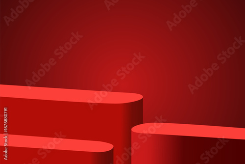 Minimalist empty three red curved display podiums or stage, vector illustration design for product presentation or cosmetic showcase