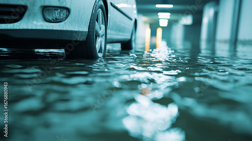 A flooded parking garage with a vehicle partially submerged in water, reflecting light from the overhead fixtures.