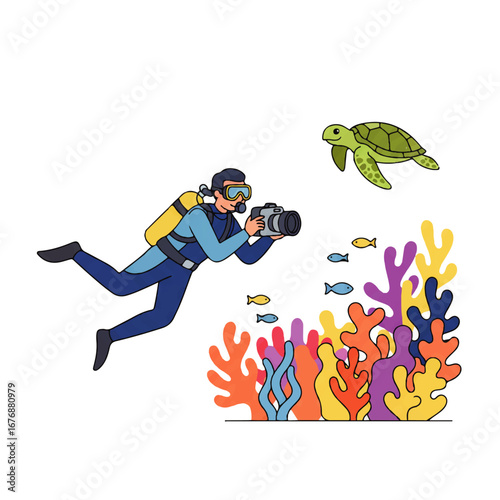 Coral reef conservation diving team captures stunning underwater world with vibrant coral and playful sea turtle.