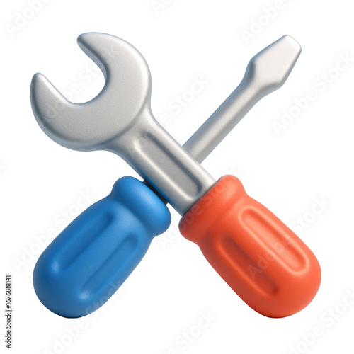 A 3d render of a crossed wrench and screwdriver, ideal for representing repair, maintenance, or settings.