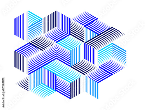 Abstract vector wallpaper with 3D isometric cubes blocks, geometric construction with blocks shapes and forms, op art low poly theme.