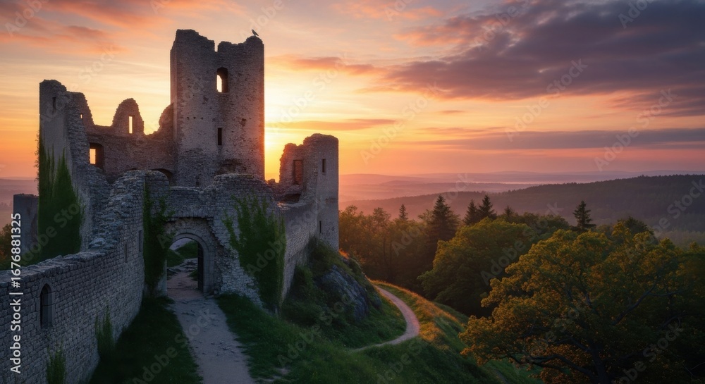 Fototapeta premium Majestic medieval castle ruins enveloped in warm hues during sunset hours