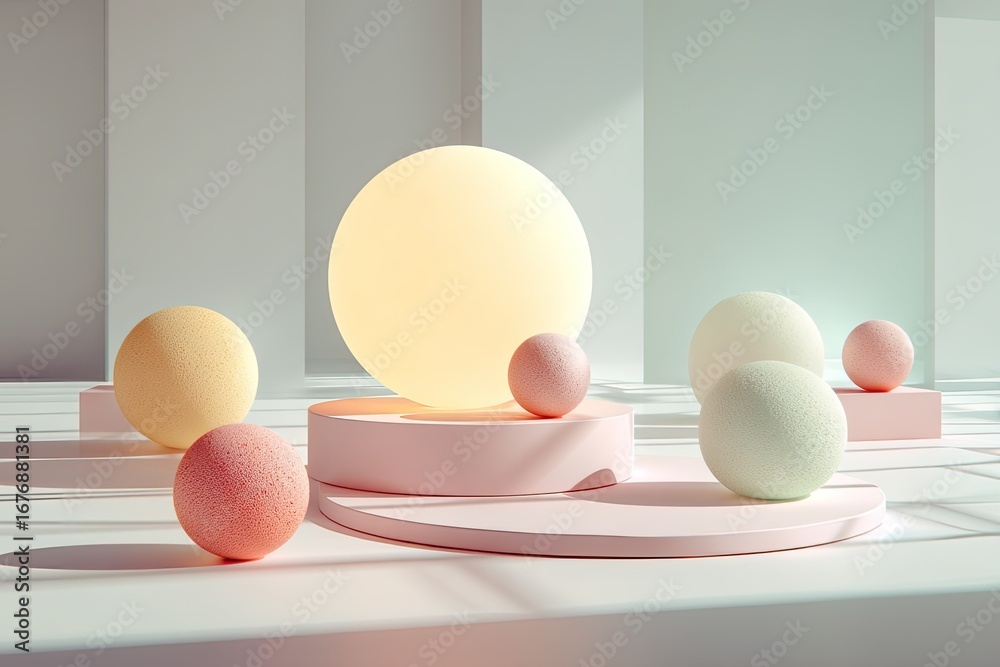 Fototapeta premium Pastel spheres on light pink podiums in a minimalist setting