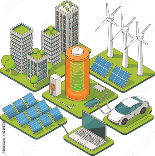 Sustainable city with renewable energy sources and electric vehicles urban green energy