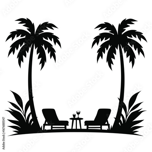 Two lounge chairs and drinks under palm trees beach