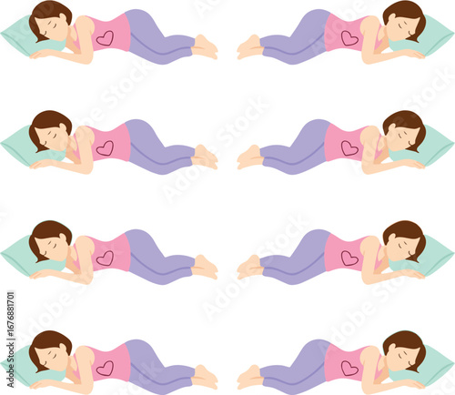 Woman sleeping in prone position on pillow in multiple instances girl female