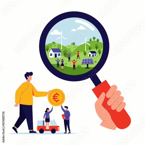 Investment in sustainable green energy and community development is depicted, a magnifying glass highlights eco-friendly solutions for a prosperous future.