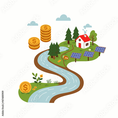 An idyllic green landscape features a modern eco-friendly house powered by solar panels, symbolizing investment in sustainable living and environmental prosperity.