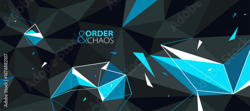 Order and chaos vector abstract background, 3D dark black and bright blue low poly polygonal surface with decay broken particles debris in motion.