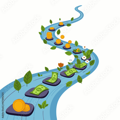 This conceptual illustration depicts a winding path of financial growth and investment, with money flowing like a river towards prosperity and success.