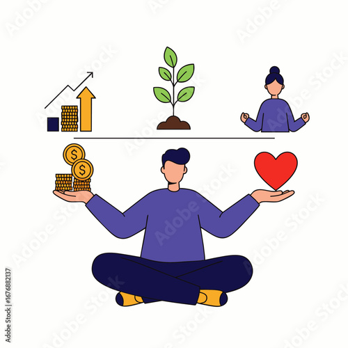 This illustration depicts an individual expertly balancing financial success and personal well-being, symbolizing the importance of holistic life management and growth.