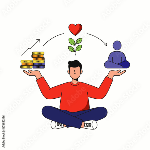 The image depicts a person striving for harmony between financial success, personal well-being, and emotional health in a modern world.