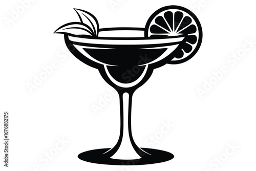 Stylized Black and White Margarita Glass Illustration with Lime Slice and Leaf Garnish