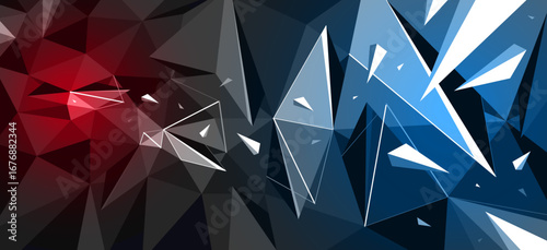Low poly background with particles debris in motion and color spotlights vector design, 3D dynamic surface with debris explosion, triangular elements flying over polygonal backdrop.