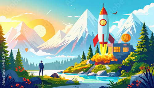 Adventurous man standing before majestic mountain landscape with copy space for text illustrations on white background