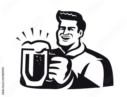 Happy man with big mug of beer in his hand. Alcoholic drink, ale emblem. Vector illustration for pub label or menu