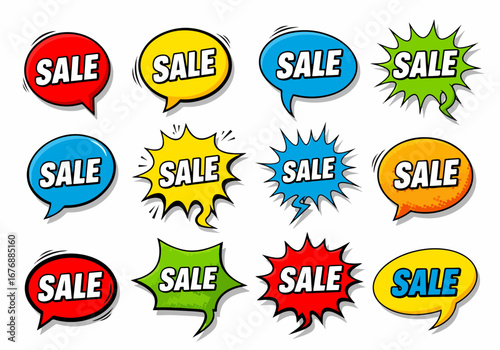 Set of colorful sale tags, Comics sale labels