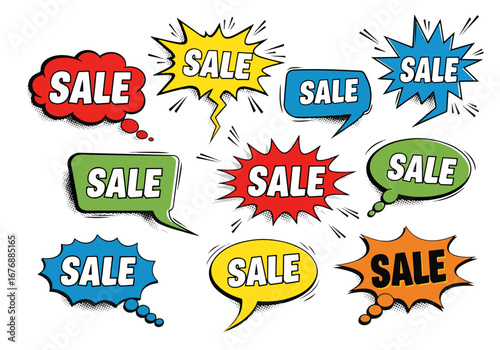 Set of colorful sale tags, Comics sale labels
