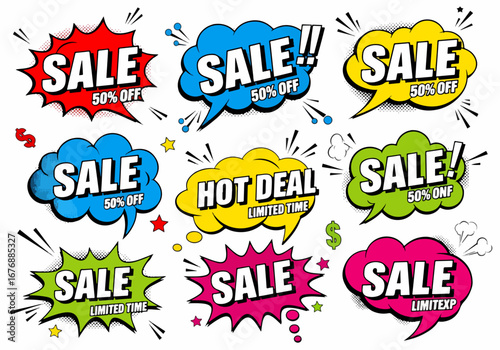 Collection of Cartoon, Comic Speech Bubbles. Colored Dialog Clouds with Halftone Dot Background in Pop Art Style