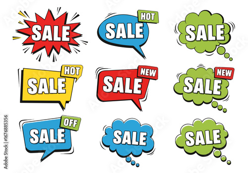 Collection of Cartoon, Comic Speech Bubbles. Colored Dialog Clouds with Halftone Dot Background in Pop Art Style