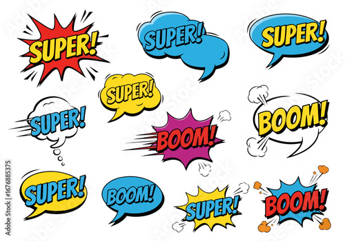 Collection of Cartoon, Comic Speech Bubbles. Colored Dialog Clouds with Halftone Dot Background in Pop Art Style