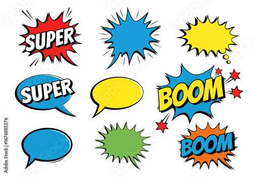 Collection of Cartoon, Comic Speech Bubbles. Colored Dialog Clouds with Halftone Dot Background in Pop Art Style