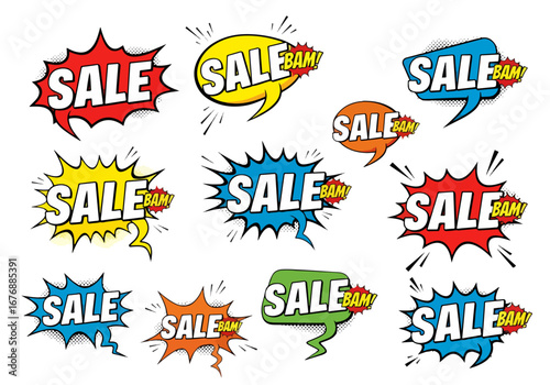Sale Retro comic speech bubbles with different tags on transparency background. Vector illustration.