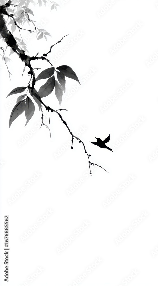 Naklejka premium The delicate depiction of a solitary small flying creature near gentle hanging foliage showcases natural beauty.
