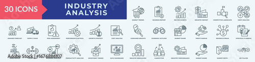 Industry Analysis icon collection set with  market trends, business report, sector growth, industry report, competitive landscape
