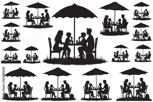 Family dining outdoors under umbrellas various scenes